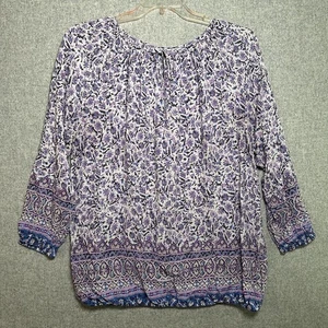 Lucky Brand 1X top camicetta contadina manica 3/4 viola bianco floreale donna boho - Foto 1 di 13