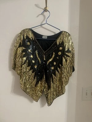 vintage rare 100% silk butterfly black and gold blouse OS - Image 1 of 4