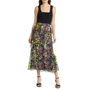 Abito midi Ted Baker nero multi floreale mix media Jennias tubino con volant 6 nuovo senza etichette - Foto 1 di 14
