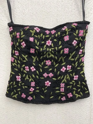 Corset w/ Boning Women’s Medium Black Silk Beaded Floral Whimsigoth Romantic - image 1 of 4