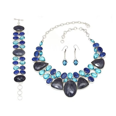 Collar y conjunto de joyería artesanal de cuarzo azul suizo de zafiro maravilloso 18-20"" Foto 1 de 4