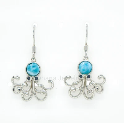Pendientes colgantes Larimar natural de plata de ley 925 - pulpo hawaiano Foto 1 de 2