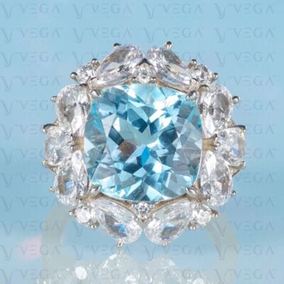 6.40carat Cushion Cut Natural Topaz Gemstones Diamond Ring 18K White Gold Plated - Image 1 of 4