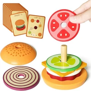 Kids Montessori Wooden Hamburger Toy With Educational Order Card Game - Picture 1 of 7