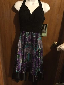 Signature by sangria black paisley dress fit flare purple black 10 NWT - Picture 1 of 11