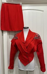 Vintage 80'S IIF Red Glam Rock Structured Mod Crop Jacket/Skirt SZ M Embellished - Picture 1 of 24