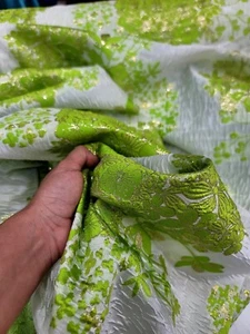 Metallic Lime Green Floral Brocade White Organza Fabric By Yard 57" W FOR DRESS  - Picture 1 of 4