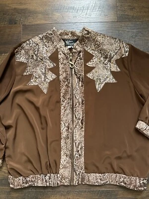 Camisa Chaqueta Vintage Hilos Plateados Cremallera Estampado Animal Hecha en EE. UU. Talla 2XP B5 Foto 1 de 4