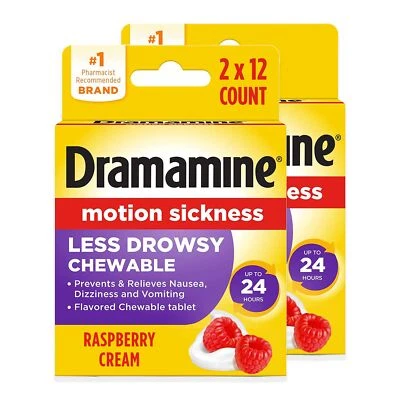 Жевательные таблетки Dramamine Motion Sickness малиновый крем 12 штук упаковка из 2 - Изображение 1 из 4