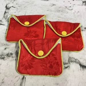 Jewelry Pouch Bag Red Yellow 3” X 2.5” Lot Of 3 Snap Closure - Picture 1 of 5