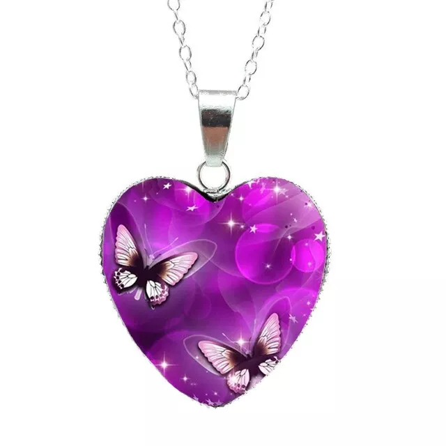 Damen Halskette Anhänger Silber Lila Schmetterling Herz Cabochon Geschenk Party - Bild 1 von 1