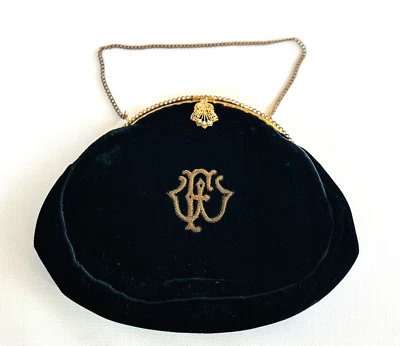 Antique Embroidered BlackVelvet Evening Bag Pearl Brass Clasp Chain Strap Piping - Image 1 of 4