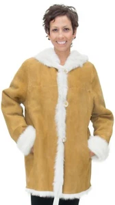 CLEARANCE Gold Suede Lamb 31” Shearling Hooded Parka - size 8-10 - Picture 1 of 2
