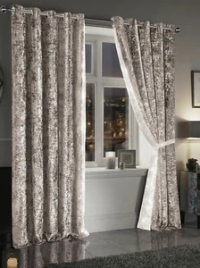 Diamante Lined Luxury Crushed Velvet Eyelet/Ring Top Curtain Diamante +Tiebacks - Picture 1 of 16