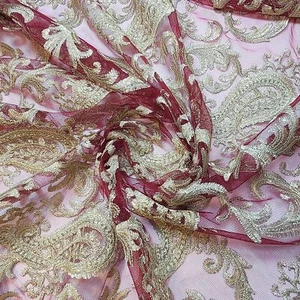 Gold FLORAL Embroidered Metallic Net Material Dress Craft Fabric 44" By Meter - Picture 1 of 4