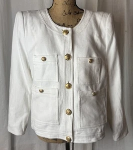 Veronica Beard Ferazia Blazer Size L Cardigan Crew Neck Gold Button White Preppy - Picture 1 of 7