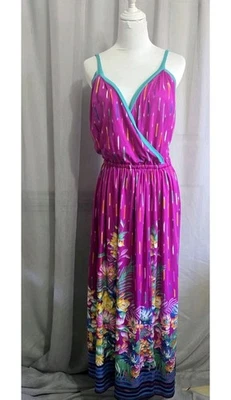 Vestido Oleg Cassini Vintage s.14 años 70 Solero Rosa y Aqua y Floral Sin Mangas  Foto 1 de 4