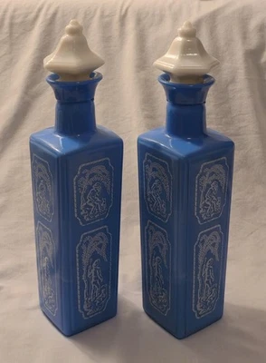 Vintage 1965 Jim Beam Milk Glass Blue & White Whiskey Decanters With Lids - Image 1 of 4