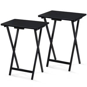 PJ Wood Folding TV Tray Tables with Storage Rack, Black, 2 Piece Set (Open Box) - Picture 1 of 11