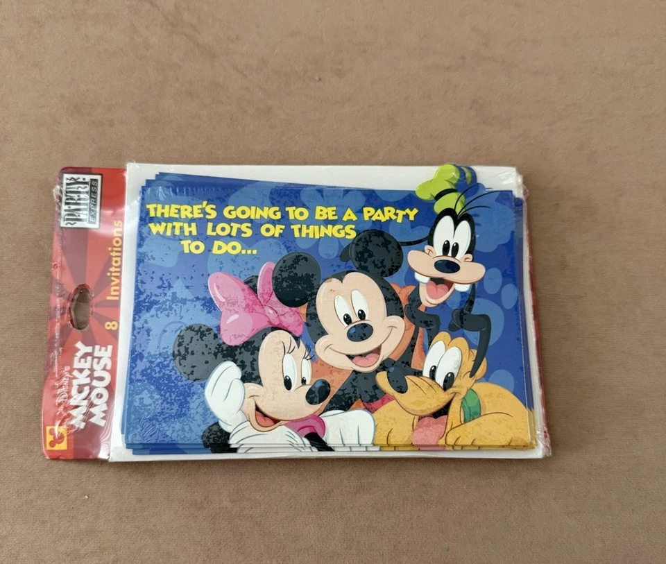 Mickey Mouse Disney Vintage Hallmark Party Express 8 Invitaciones de Papel Nuevo de Lote Antiguo NUEVO Foto 1 de 4