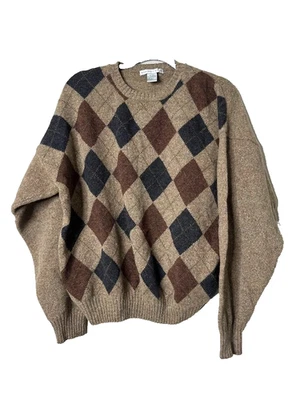Geoffrey Beene Sweater Mens XL Lambswool Crew Neck Argyle Pullover Brown Preppy - Image 1 of 4