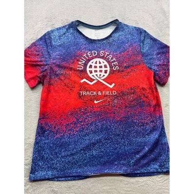 Camiseta deportiva Nike Dri Fit para hombre de atletismo de EE. UU. roja azul logotipo globo talla L Foto 1 de 3