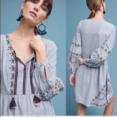 Vestido Anthropologie Akemi + Kin Azul Maddie Talla 4 Bordado Boho Relajado Foto 1 de 4