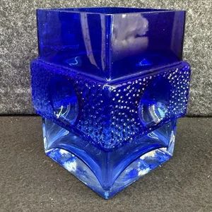 Vintage Sea Glasbruk Glass Block Vase Rune Strand Kosta Boda Cobalt Blue MCM - Picture 1 of 12