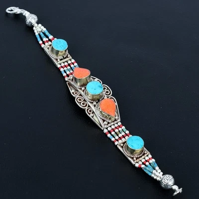 Turquoise Red Coral 925 Sterling Silver Handmade Tibetan Nepali Bracelet 7" M675 - Image 1 of 4