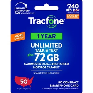 Tracfone 240 $ appels et textos illimités, 72 Go de données / 365 jours (carte physique) - Photo 1/5