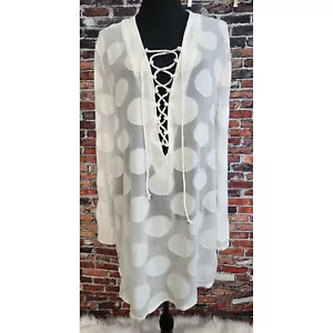 La Blanca Cover-Up Tunic Dress Polka Dot Lace Up White Beachy Bachelorette Bride - Picture 1 of 8