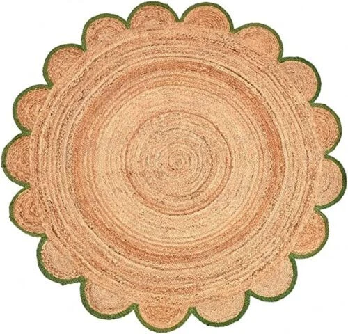 Rug Round Jute Scallop Design Natural Floors Rug Beige With Green Handmade - Image 1 of 4