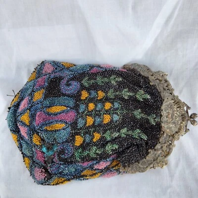 Antique / Vintage MICRO Bead Purse / Handbag Metal Frame With Attached Mirror - Image 1 of 4