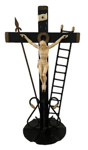 Vintage Black Metal Arma Christi Standing Crucifix Passion Instruments Cross - Picture 1 of 19