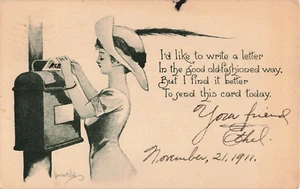 Vintage Postcard - 1911/ posted - Lady at postbox / b&w - 1 cent stamp - Picture 1 of 2