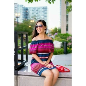 Mini Vestido Joie Para Mujer Talla M Arla 100% Seda Azul Rojo Rayas Hombro Descubierto - Imagen 1 de 12