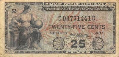  USA / MPC  25  Cents  1948  Series  481  Plate  52  Circulated banknote M7 - Image 1 of 2