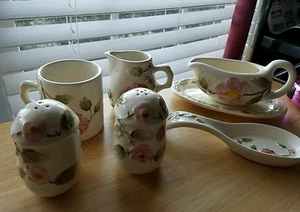 Ceramic Serving Set Floral Pink S&P, Creamer, Sauce Gravy Boat, Cup, spoon rest - Picture 1 of 1