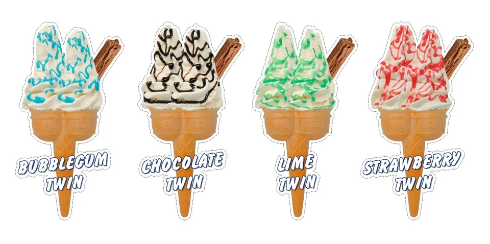Whippy Ice Cream Twin Cone Stickers Set of 4 Flavours - 16cm high die cut decals