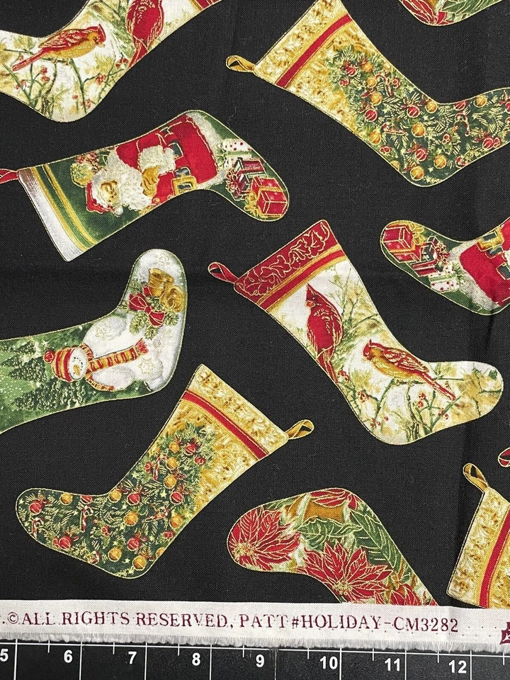 Tina Scrap 9"x21" Stocking Metallic Cardinal Christmas Gifts Holly Cotton Fabric - Image 1 of 1