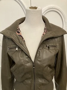 Faux Leather Bomber Jacket Girls L Cuffs Zip Army Brown Green Ci Sono Cavalini - Picture 1 of 22