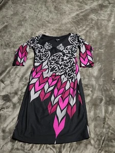 Analili Women Blouson Mini Dress Size Medium Stretch 3/4 Sleeve Colorful, Lined - Picture 1 of 11