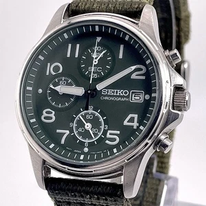 Seiko Chronograph Watch Men's 36mm Green Dial Silver Tone Date Display 7T92-0BB0 - Picture 1 of 10