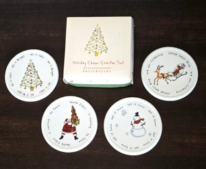 Pottery Barn HOLIDAY CHEER Christmas Coasters Ceramic Set of 4 Cork Bottoms 4" - Picture 1 of 9