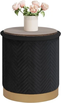 Black Velvet Round Storage Pouffe Folding Ottoman Seat with Tray-Top Lid - Image 1 of 4