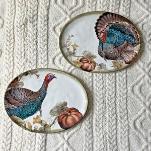 2 Thanksgiving Tom Turkey Side Serving Dish 11" x 9" Oval Holiday Party - Picture 1 of 11