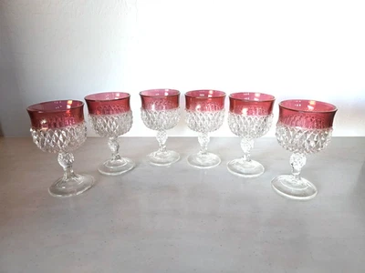Set Of 6 Vintage Indiana Glass Ruby Flashed Diamond Point Glasses - Image 1 of 4
