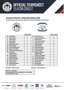 Teamsheet - Wigan Athletic v Preston North End 2016/17 (18 Feb) - Picture 1 of 1