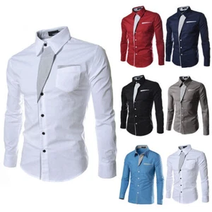 Men Contrast Button Down Shirt Smart Dress Shirt Work Long Sleeve Lapel Shirt, - Picture 1 of 18