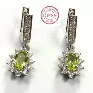 UNIQUE STERLING SILVER 925 Rhodium plated NATURAL PERIDOT EARRINGS - Picture 1 of 2